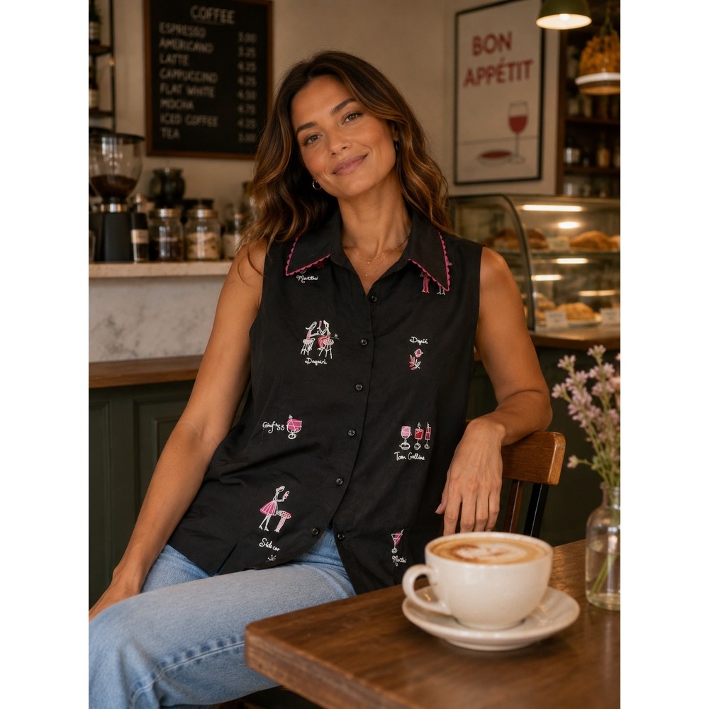 Silkland Black 100% Silk Cocktail Embroidery Vest Top Pink Trim Size 8
